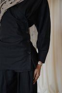 Black Linen Assymetrical Side Button Wrap Shirt Co-Ord