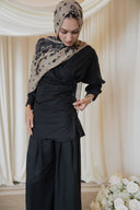 Black Linen Assymetrical Side Button Wrap Shirt Co-Ord