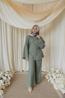 Sage Green Mandarin Tieback Shirt with Wide Leg Pants Co-Ord