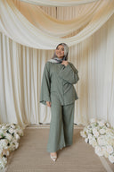 Sage Green Mandarin Tieback Shirt with Wide Leg Pants Co-Ord