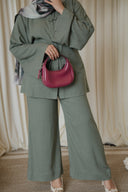 Sage Green Mandarin Tieback Shirt with Wide Leg Pants Co-Ord