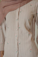 Cream Beige Floral Co-Ord Set — close-up of embroidered button-front top detail