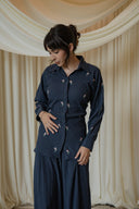 Navy Floral Embroidered Co-Ord Set — front view, embroidered button-front top and wide-leg trouser in navy
