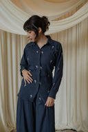 Navy Floral Embroidered Co-Ord Set — side view, embroidered button-up top and wide-leg trouser in navy