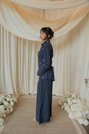 Navy Floral Embroidered Co-Ord Set — profile view, navy button-up top and wide-leg trouser with floral embroidery detail