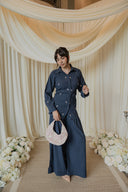 Navy Floral Embroidered Co-Ord Set — styled shot, navy button-front top and wide-leg trouser with pink handbag accessory