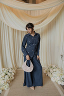 Navy Floral Embroidered Co-Ord Set — full-length styled shot with pink handbag, navy embroidered top and wide-leg trouser