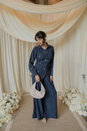 Navy Floral Embroidered Co-Ord Set — styled with pink handbag, navy button-up top and wide-leg trouser