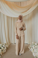 Cream Beige Floral Co-Ord Set — full-length front view, styled with dusty pink hijab