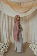 Light Gray Floral Co-Ord Set — back view looking over shoulder, dusty rose hijab draped over shoulder