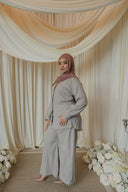 Light Gray Floral Co-Ord Set — three-quarter front view, styled with dusty rose hijab