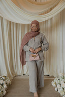 Light Gray Floral Co-Ord Set — side angle view, styled with dusty rose hijab and pink handbag