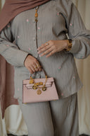 Light Gray Floral Co-Ord Set — close-up of button-front top with subtle floral embroidery