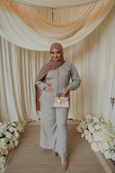 Light Gray Floral Co-Ord Set — full-length front view, styled with dusty rose hijab