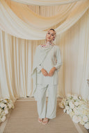 Sage Green Cape Co-Ord Set — full-length front view, styled with a floral hijab