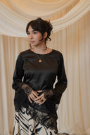 Black Long Sleeved Asymmetrical Angled Shirt with Chantilly Lace