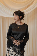 Black Long Sleeved Asymmetrical Angled Shirt with Chantilly Lace