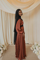 Rust Brown Polka Dotted Chantilly Lace Long Sleeved Maxi Dress