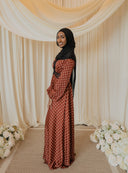 Rust Brown Polka Dotted Chantilly Lace Long Sleeved Maxi Dress
