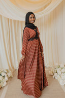 Rust Brown Polka Dotted Chantilly Lace Long Sleeved Maxi Dress