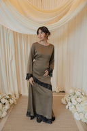 Olive Chantilly Lace Trim Long Sleeve Top with Maxi Skirt Set