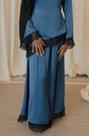 Cobalt Blue Chantilly Lace Trim Long Sleeve Top with Maxi Skirt Set