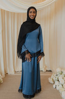 Cobalt Blue Chantilly Lace Trim Long Sleeve Top with Maxi Skirt Set