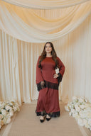 Maroon Chantilly Lace Trim Long Sleeve Top with Maxi Skirt Set
