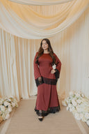 Maroon Chantilly Lace Trim Long Sleeve Top with Maxi Skirt Set