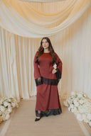 Maroon Chantilly Lace Trim Long Sleeve Top with Maxi Skirt Set
