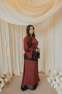 Maroon Chantilly Lace Trim Long Sleeve Top with Maxi Skirt Set