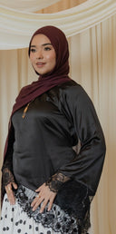 Black Angled Chantilly Lace Trim Long Sleeve Shirt